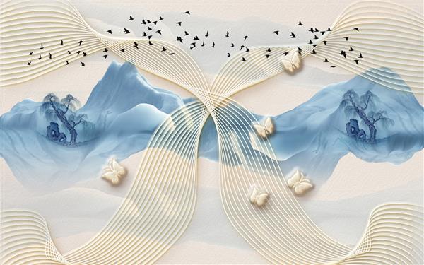 تصویر سه بعدی پس‌زمینه برجسته بژ با پروانه‌ها و امواج کوه‌های آبی با درختان