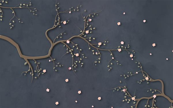 تصویر سه بعدی شاخه های قهوه ای منحنی با گل های صورتی و برگ های سبز در پس زمینه تیره