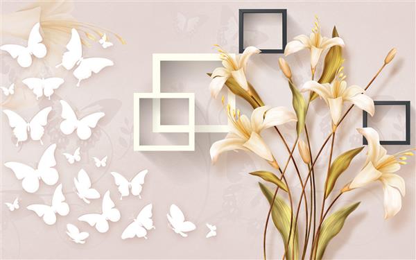 تصویر سه بعدی از گل های زنبق طلا و گله پروانه های سفید