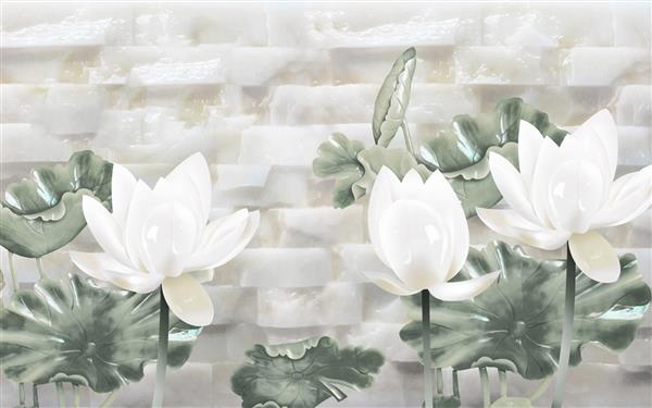 تصویر سه بعدی از گل های نیلوفر آبی در پس زمینه دیوار آجری