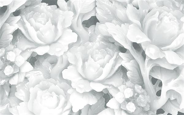تصویر سه بعدی از گل های حک شده در پس زمینه دیوار