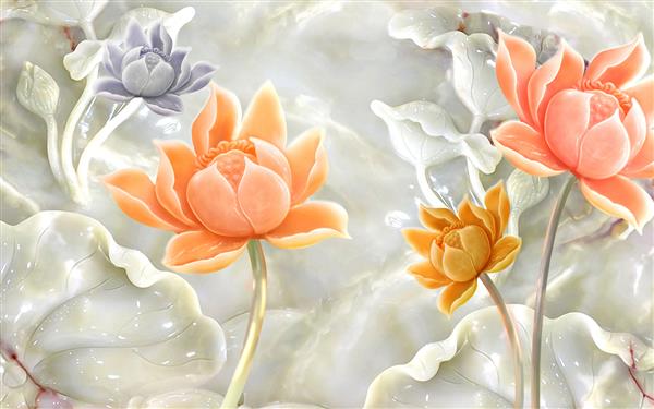 تصویر سه بعدی از گل های نیلوفر آبی برای تزئین کاغذ دیواری
