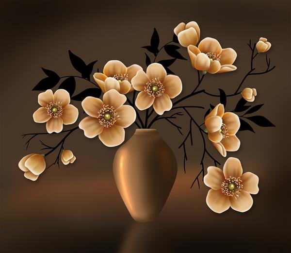 تصویر گلدان گل لوکس سه بعدی با گل های شکوفه کامل