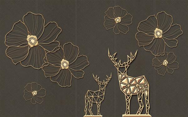 تصویر سه بعدی پس زمینه پارچه قهوه ای طرح های بژ بزرگ از گل های انتزاعی و مجسمه های گوزن چند ضلعی