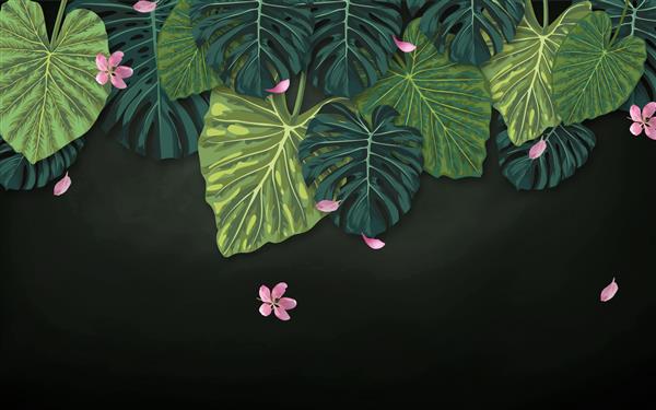تصویر سه‌بعدی برگ‌های بزرگ نخل استوایی سبز گل‌ها و گلبرگ‌های صورتی در حال سقوط در پس‌زمینه خاکستری تیره