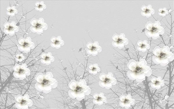 تصویر سه‌بعدی گل‌های پارچه جواهرات سفید روی پس‌زمینه بافت‌دار خاکستری با درختان شفاف