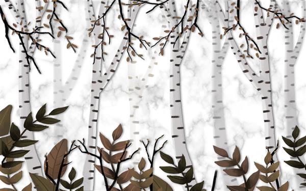 تصویر سه بعدی کشیده شده درختان توس سفید در زمینه سنگ مرمر خاکستری