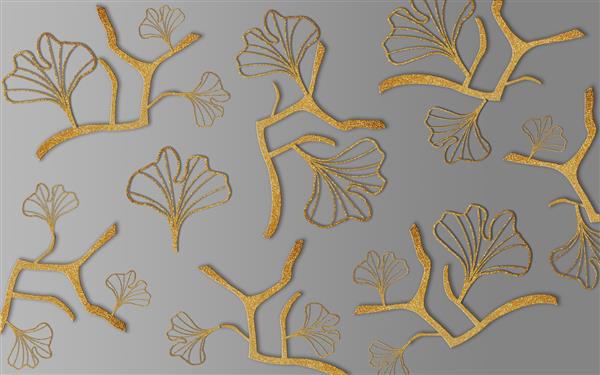 تصویر سه بعدی الگوی گیاهان طلایی انتزاعی در زمینه گرادیان خاکستری