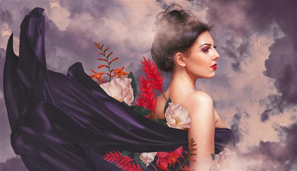 پرتره فانتزی زن جوان زیبا با ابریشم و گل
