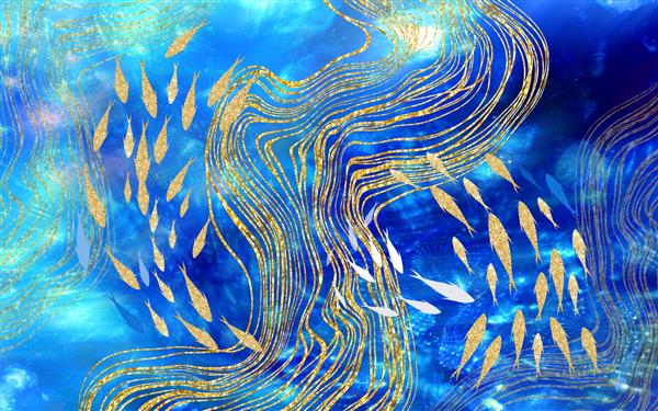 موج های طلایی نازک صاف و ماهی در پس زمینه آبی آبی