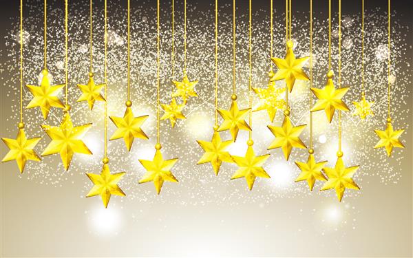 تصویر سه‌بعدی جشن ستاره‌های شش پر زرد روی ریسمان‌هایی روی پس‌زمینه طلایی براق آویزان شده‌اند