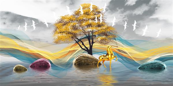 تصویر سه بعدی انتزاعی از درخت و رودخانه هنر تزئینی جدید