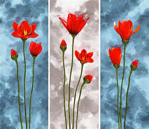 مجموعه ای از نقاشی های رنگ روغن طراحان دکوراسیون داخلی هنر انتزاعی مدرن روی بوم مجموعه ای از تصاویر با بافت ها و رنگ های مختلف گل های قرمز در پس زمینه انتزاعی