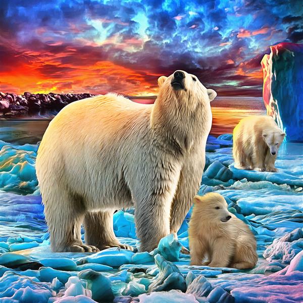 نقاشی رنگ روغن مدرن واقع گرایانه خانواده خرس قطبی با کودک در غروب خورشید اقیانوس منجمد شمالی مجموعه هنرمندان نقاشی حیوانات برای دکوراسیون و داخلی هنر بوم انتزاعی تصویرسازی