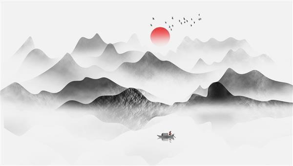 نقاشی منظره با جوهر چینی نقاشی شده با دست