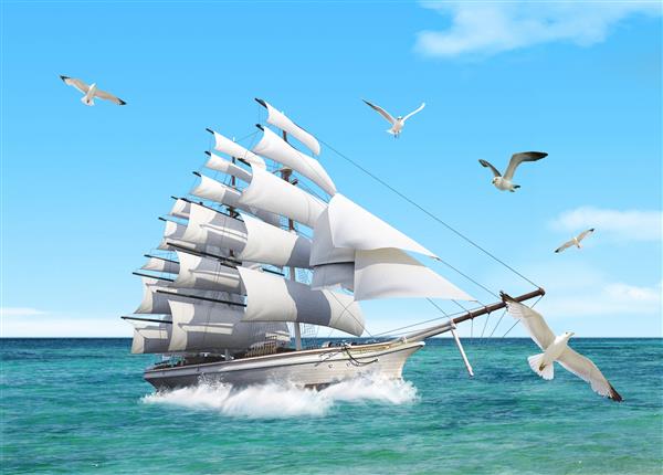 تصویر سه بعدی از قایق بادبانی و پرندگان در حال پرواز در وسط دریا