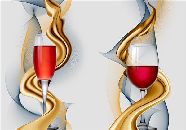تصویر سه بعدی از دو لیوان شراب