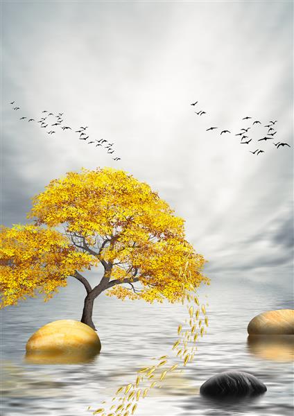 تصویر سه بعدی از منظره طبیعی با گله پرندگان گله ماهی درختان رودخانه و رخنمون های سنگی
