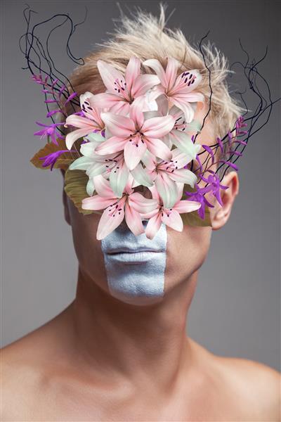 پرتره کلاژ هنر معاصر انتزاعی مرد جوان با دسته گل روی صورت
