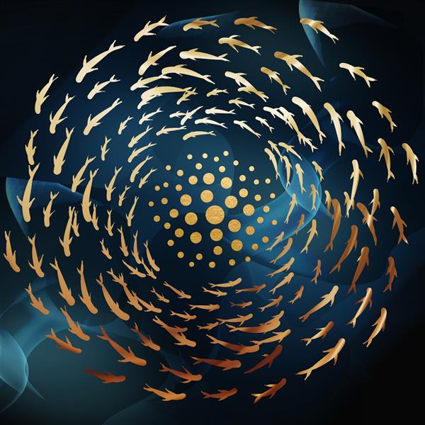 تصویر سه بعدی از یک مدرسه ماهی که در یک دایره شنا می کنند