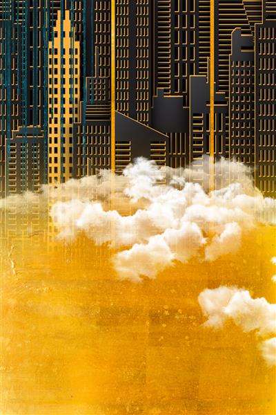 تصویر سه بعدی ساختمان های بلند که به ابرها می رسند