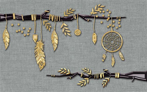 تصویر سه بعدی پس زمینه تار پارچه خاکستری شاخه های چند ضلعی انتزاعی تزئین شده با برگ های بژ و جواهرات لباس