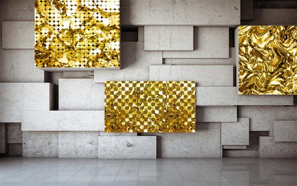 تصویر سه بعدی جرقه های طلایی بزرگ روی دیوار مکعب خاکستری