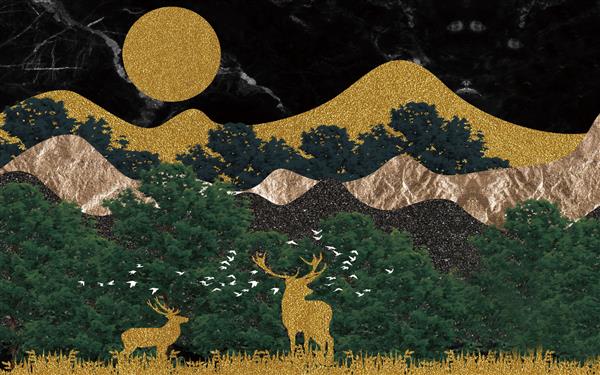 منظره انتزاعی تخت با آسمان مرمری تیره تپه های طلایی گوزن و ماه کامل