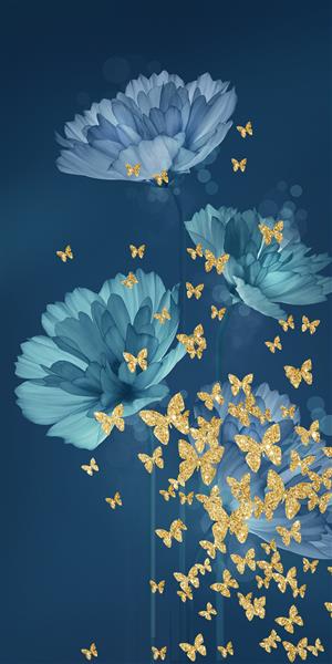 تصویر سه بعدی از پروانه ها و گل های آبی