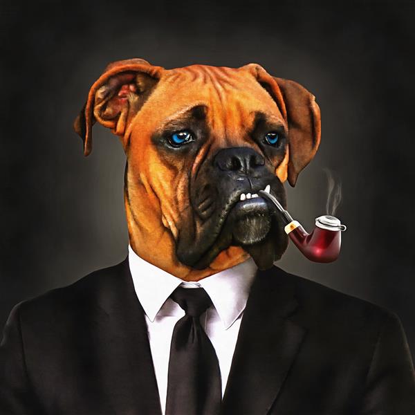 نقاشی رنگ روغن مدرن سگ در کت و شلوار تجاری با کراوات و لوله تنباکو مجموعه هنرمند نقاشی حیوانات برای دکوراسیون و داخلی هنر بوم انتزاعی