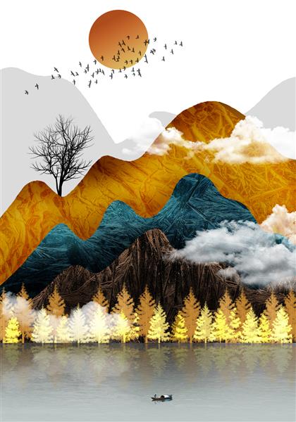 تصویر سه بعدی از تصاویر طبیعت ابرها کوه ها درختان 
