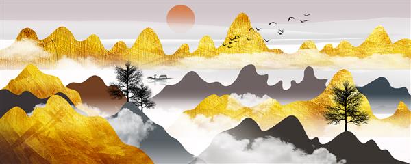 تصویر سه بعدی از تصاویر طبیعت ابرها کوه ها درختان 