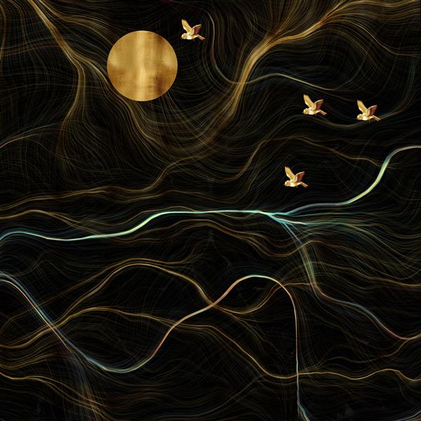 تصویر سه بعدی از ماه و گله پرندگان