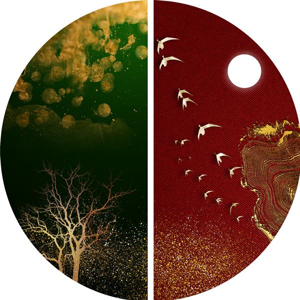 تصویر سه بعدی از دسته ای از پرندگان درختان و ماه