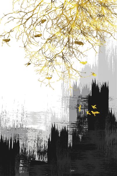 شاخه درخت طلایی با پرندگان در زمینه تک رنگ گرانج