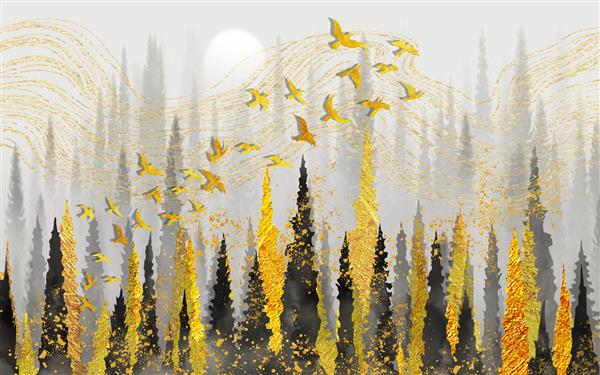 منظره انتزاعی ماه کامل امواج طلایی نقاط طلایی و دسته ای از پرندگان