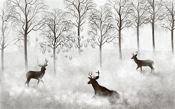 تصویر سه بعدی جنگل مه آلود انتزاعی و گوزن گله پرندگان سفید