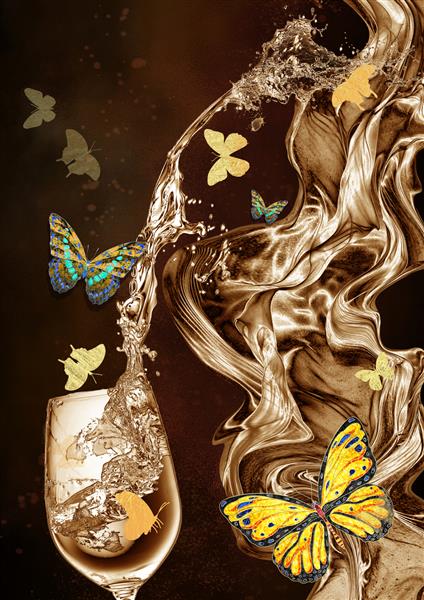 تصویر سه بعدی از لیوان های شراب و پروانه ها