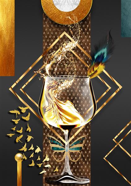 تصویر سه بعدی از لیوان شراب پر و گله پرندگان