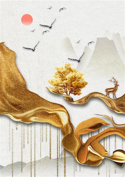 تصویر سه بعدی صحنه طبیعی با گوزن و گله پرندگان درخت