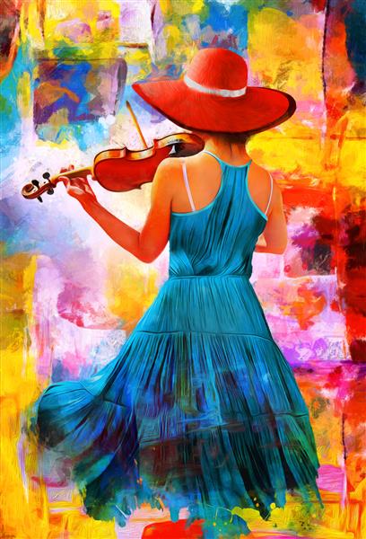 نقاشی رنگ روغن - نقاشی رنگارنگ انتزاعی دختری در حال نواختن ویولن با کلاه قرمزی مجموعه ای از نقاشی های رنگ روغن طراحان دکوراسیون داخلی هنر بوم انتزاعی مدرن قدیمی