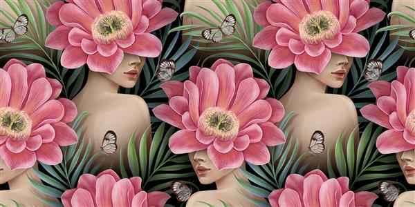 الگوی بدون درز عجیب و غریب استوایی با زنان برهنه برگ های نخل گل های کاکتوس پروانه های بال شیشه ای تصویر سه بعدی با دست مناسب برای کاغذ دیواری های لوکس لباس نقاشی دیواری چاپ پارچه پوستر