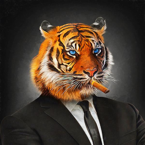 نقاشی رنگ روغن مدرن ببر در کت و شلوار تجاری با کراوات و سیگار مجموعه هنرمند از نقاشی حیوانات برای دکوراسیون و داخلی هنر بوم انتزاعی مافیا