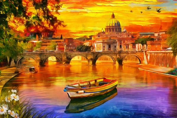 نقاشی رنگ روغن از نمای شگفت انگیز کلیسای جامع سنت پیتر و رودخانه تیبر در رم ایتالیا آبرنگ رنگ روغن روی بوم کاغذ دیواری ساختمان ها غروب خورشید هنر آثار هنری بازیلیکا قایق