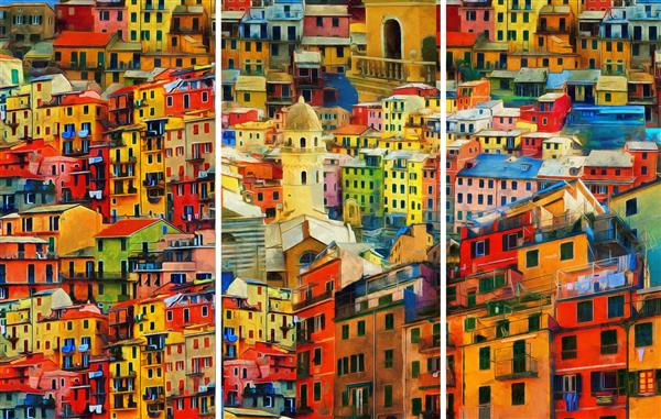 نقاشی رنگارنگ مدرن انتزاعی بدون درز رنگ روغن ساختمان های Cinque Terre در ایتالیا مجموعه طراح دکوراسیون داخلی هنر بوم