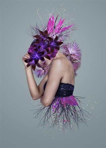 پرتره کلاژ هنر معاصر انتزاعی زن جوان با گل روی صورت چشمانش را پنهان می کند