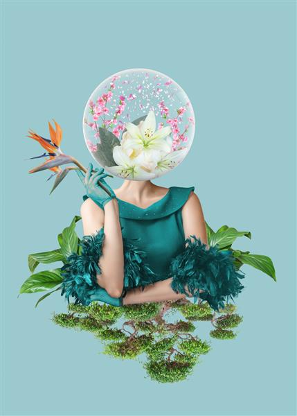 پرتره کلاژ هنر معاصر انتزاعی زن جوان با گل روی صورت چشمانش را پنهان می کند
