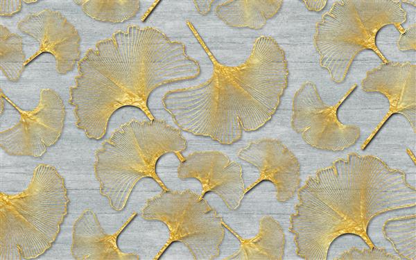 تصویر سه بعدی الگوی طلایی برگ های جینکو در پس زمینه چوبی خاکستری