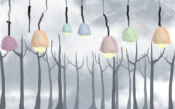 درختان خشک انتزاعی و لامپ های رنگارنگ آویزان نقاشی شده در پس زمینه بافت خاکستری