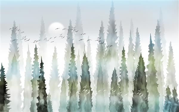 جنگل مه آلود با درختان بلند ماه کامل و دسته های پرندگان